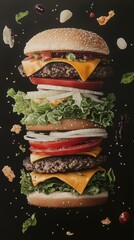 Towering burger with multiple layers of beef patties, cheese, lettuce, and floating ingredients, creating a visually striking effect