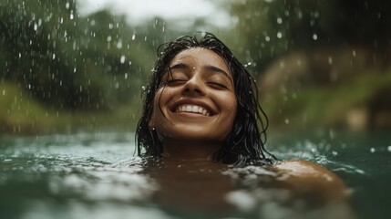 Fototapeta premium Woman with closed eyes smiling while swimming in rain