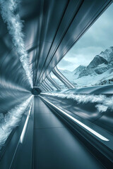 Obraz premium High-tech tunnel with blue and cyan light panels metallic walls and intricate patterns creating a sci-fi-inspired futuristic ambiance with depth and immersion.