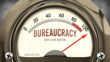 Bureaucracy and Red Tape Meter that is hitting a full scale, showing a very high level of bureaucracy, overload of it, too much of it. Maximum value, off the charts.  ,3d illustration