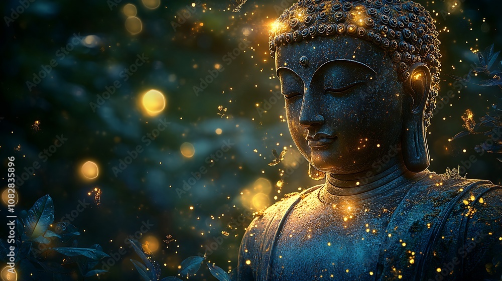 Aufkleber Buddha Statue with Ethereal Glow in Lush Green Forest Setting : Generative AI