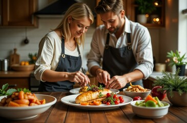 A man and a woman are cooking meat and vegetables dinner in decorated kitchen. A couple is preparing a festive dinner. Cooking Christmas dinner with a Christmas tree in the background.