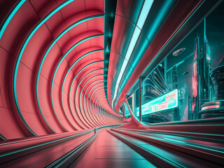 A high-tech cinematic tunnel with glowing blue LED lights metallic walls intricate futuristic...