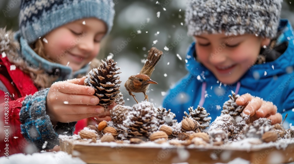 Poster children creating a bird feeder using pine cones and nuts, snowy winter background