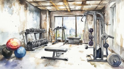 Rustic Watercolor Gym: A Vintage Fitness Studio Painting