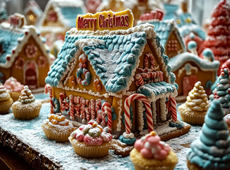 Gingerbread house with candy decor sits among cupcakes, topped with a "Merry Christmas" sign. Concept of festive, holiday, and decorative sweets.