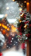 Festive Christmas Wreath with Bells in Snowy Holiday Market Setting : Generative AI