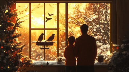 family watching wintering birds at a window with a bird feeder, cozy indoor scene