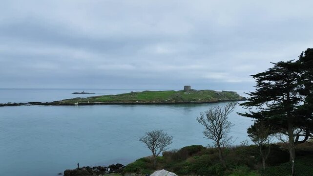 drone footage of dalkey island in dublin, ireland, filmed from Dillons Park, Dalkey