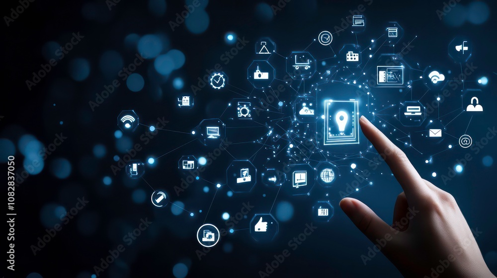 Poster hand touching a digital screen with icons of technology and online network connection, cloud storage