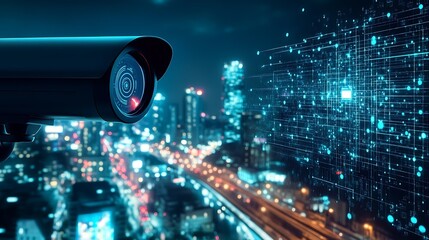 Advanced Digital Security System Monitoring Urban City Lightscape at Night : Generative AI