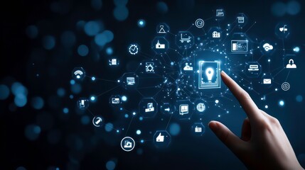 Hand touching a digital screen with icons of technology and online network connection, cloud storage, or security system on a dark blue background.
