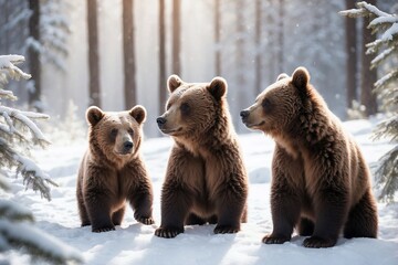 Obraz premium Two Brown Bear Cubs Playing in the Snow Under Soft Sunlight in a Beautiful Snowy Forest