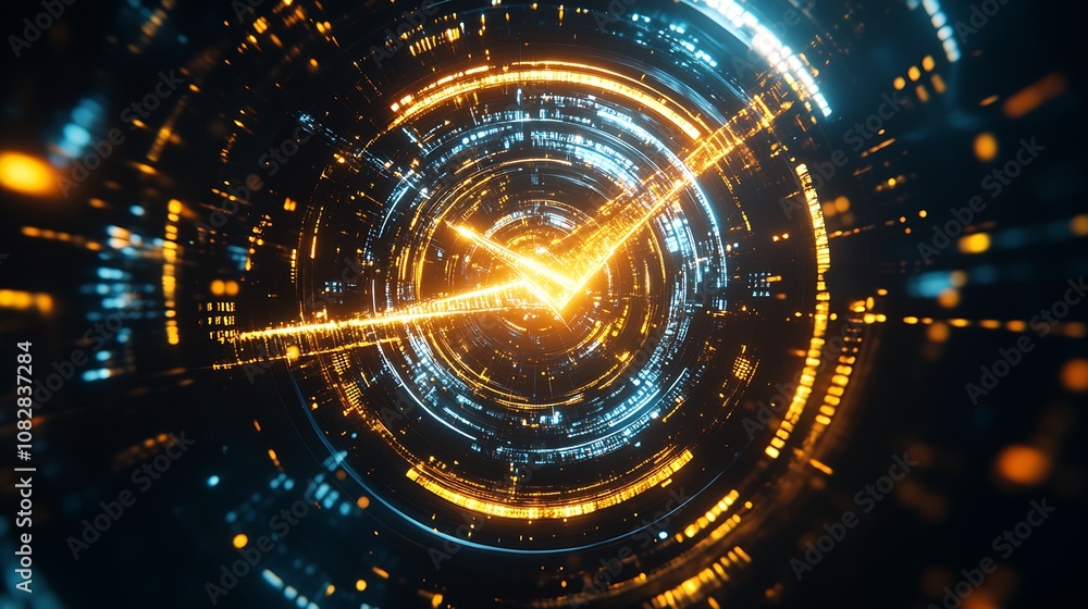 Poster Futuristic High-Tech Data Stream in Dynamic Golden and Blue Light Tunnel : Generative AI