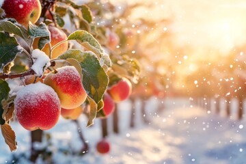 A sunlit winter orchard with snow-covered apple trees and vibrant fruits during a bright snowy day