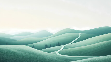 Single winding path through rolling green hills soft tones and balanced composition create a serene open landscape minimalistic yet impactful scene focused on natural beauty. Serene. Illustration