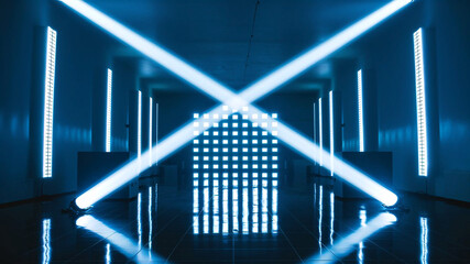 Obraz premium A futuristic scene of electric blue brilliance featuring a leaping male figure glowing X-shaped light beams and a mirrored floor in a high-tech symmetrical setting.