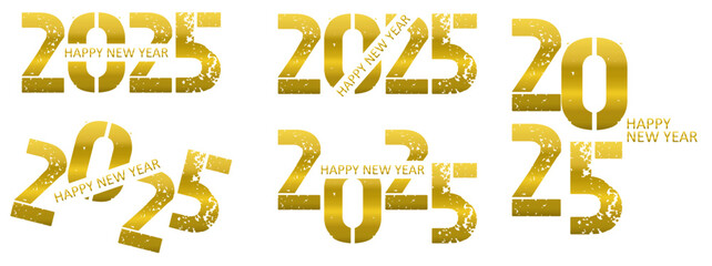 Set of 2025 New Year gold numbers for greeting cards, banners or posters vector illustration. Different 2025 golden numbers templates with glow light effect, clocks and shining ring isolated on gray.