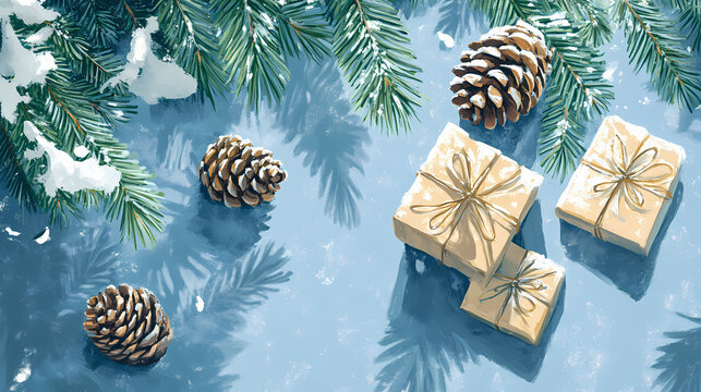 Snow-covered pine branches, wrapped gift boxes, and pine cones set against a serene blue background, embodying the tranquil and festive essence of christmas. Serene. Illustration