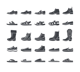 Men shoes for every season and occasion. Simple solid silhouette icons for clothes shop. Male dress shoes, casual footwear, different sneakers, boots, sandals, slippers. Side view, isolated