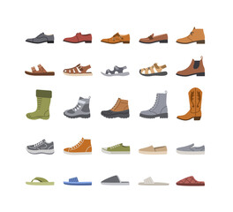 Men shoes for every season and occasion. Simple flat color icons for clothes shop. Male dress shoes, casual footwear, different sneakers, boots, sandals, slippers. Side view, isolated