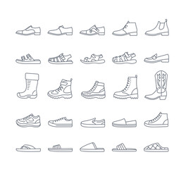 Men shoes for every season and occasion. Simple thin line icons for clothes shop. Male dress shoes, casual footwear, different sneakers, boots, sandals, slippers. Side view, editable stroke, isolated