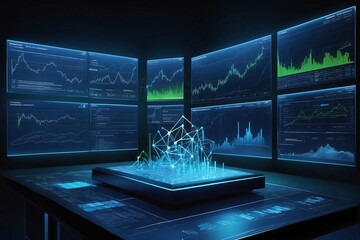 Futuristic Illustration of a Trader's Trading System Showcasing a Set of Rules, Quantitative Statistics, and Trading Volume Powered by Artificial Intelligence and Neural Networks