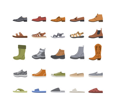 Men shoes for every season and occasion. Simple flat color icons for clothes shop. Male dress shoes, casual footwear, different sneakers, boots, sandals, slippers. Side view, isolated