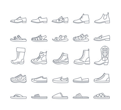 Men shoes for every season and occasion. Simple thin line icons for clothes shop. Male dress shoes, casual footwear, different sneakers, boots, sandals, slippers. Side view, editable stroke, isolated
