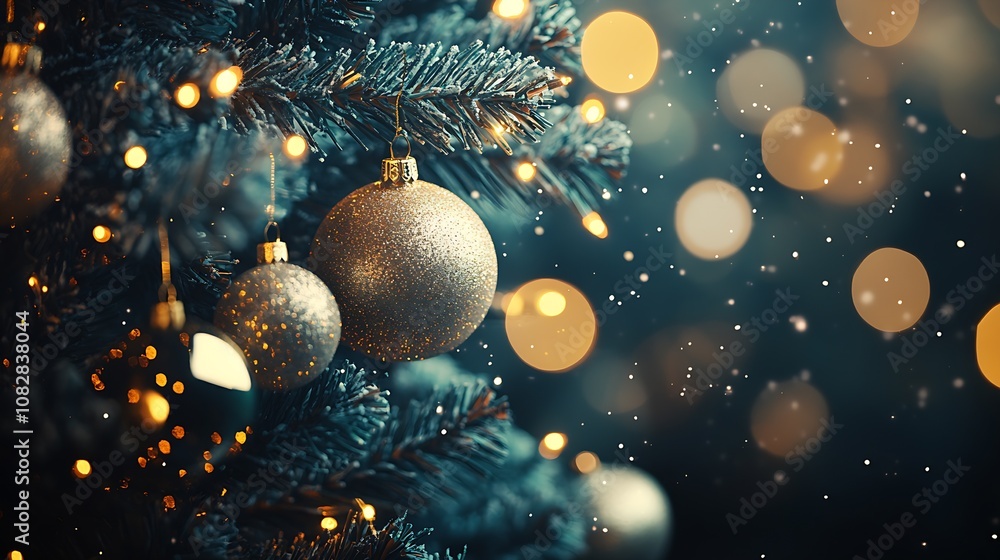 Poster Christmas Tree Adorned with Sparkling Ornaments and Gentle Falling Snow : Generative AI