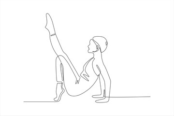 A minimalist line drawing of a person in a dynamic pose, emphasizing movement and form.