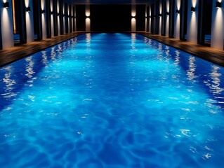 Obraz premium A large indoor swimming pool lit up at night