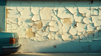Partial view of blue vintage car parked next to a wall with peeling white paint and cracks, in warm sunlight.