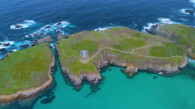 Aerial view from a drone of the coastal area, beaches and sea of ​​the Hermitage of Santa Comba in the parish of Covas. Ferrol. Province of La Coru&ntilde;a. Galicia. Spain. Europe
