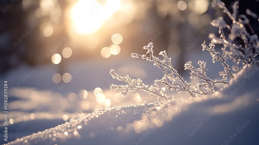Poster Scenic Winter Morning With Sunlit Frost-Adorned Branches and Soft Bokeh : Generative AI