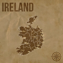 Vintage IRELAND Map with Regions Borders and Major Cities Positions