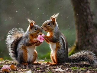 Obraz premium squirrel offering flower to its lover