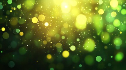 Green glow particle with shiny stars abstract bokeh background with copy space.