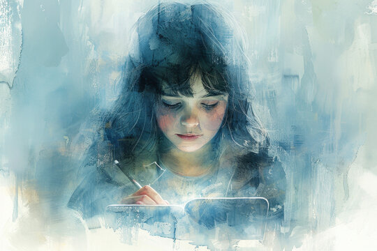 World Computer Literacy Day. A serene watercolor illustration of a young girl writing intently in a notebook, surrounded by soft, dreamy blue hues and an ethereal atmosphere.
