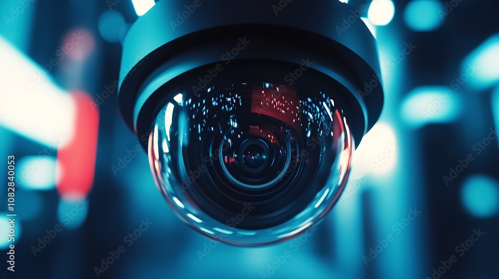 Poster advanced cctv lens close-up with blurred background in blue lights : generative ai