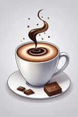 Obraz premium Minimalist Drawing of a Coffee Cup and Chocolate Candies on a White Background