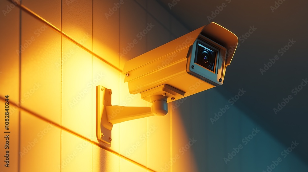 Poster Advanced Security Camera on Tiled Wall for Comprehensive Surveillance Coverage : Generative AI
