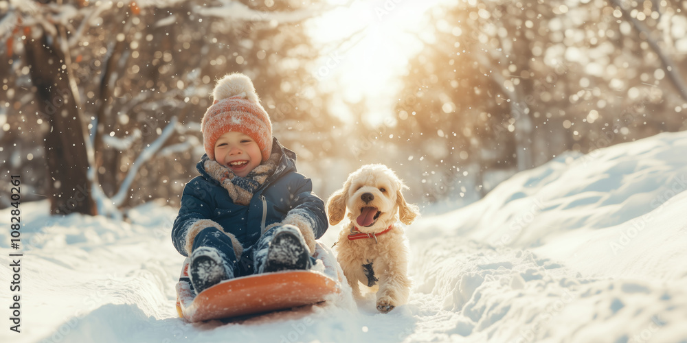 Wall mural Cute boy with dog enjoying a sleigh ride. Child sledding, riding a sledge play outdoors in snow in winter park. Winter active games with the family. Winter holidays. Banner, Poster