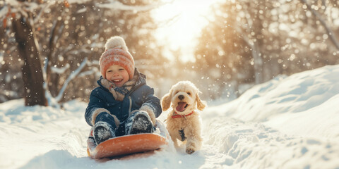 Cute boy with dog enjoying a sleigh ride. Child sledding, riding a sledge play outdoors in snow in winter park. Winter active games with the family. Winter holidays. Banner, Poster