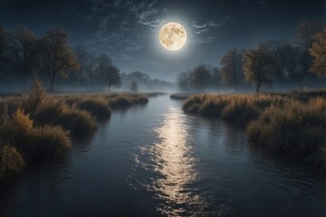 Night River Under a Full Moon, Surrounded by Gloomy Fog with Silver and Gold Reflections