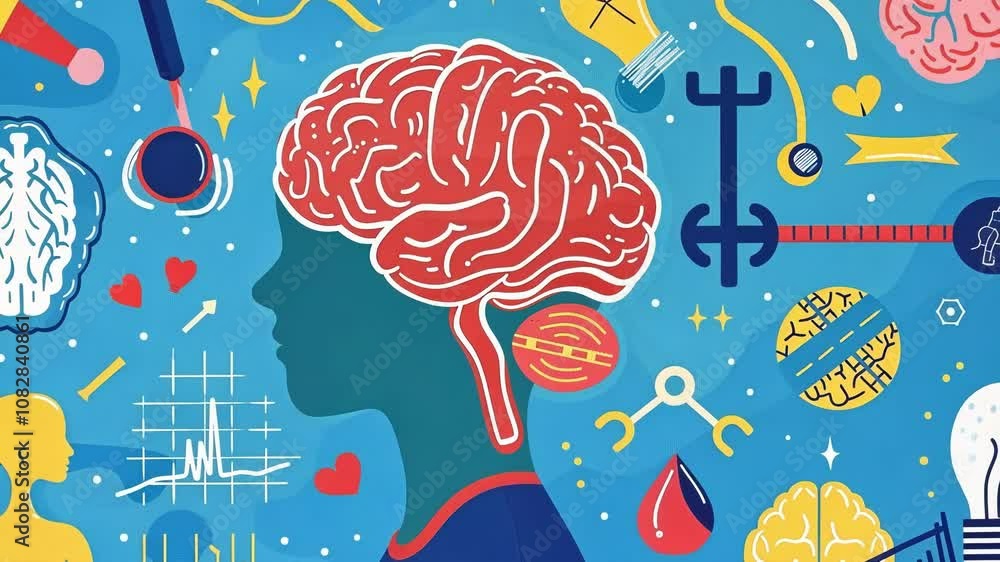 Poster illustration exploring the complex workings of the human brain, highlighting neural pathways and cog