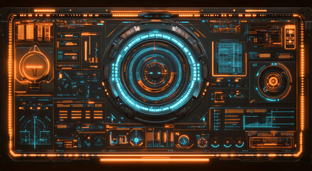 Obraz premium A futuristic digital screen interface with holographic elements, featuring high-tech graphics and glowing blue lights on an orange background. This scene conveys a sense of innovation