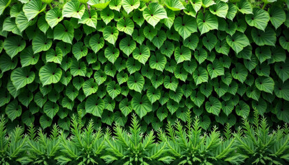 A Stunning Display of Lush Green Foliage, a Vibrant Wall of Nature's Art, a Botanical Masterpiece, a Green Leaf Pattern, a Tropical Garden, a Fresh and Vivid Nature's Design