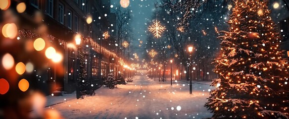 Naklejka premium Magical Winter Night on Festively Decorated and Snowy Street : Generative AI