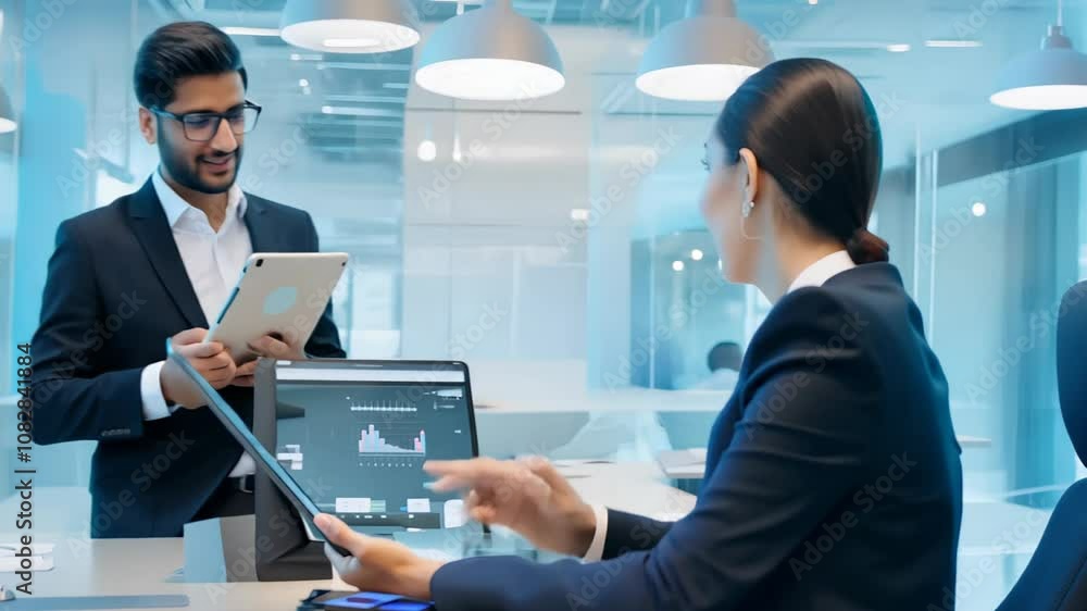 Poster two business professionals discussing data on tablets and a digital dashboard in a modern office